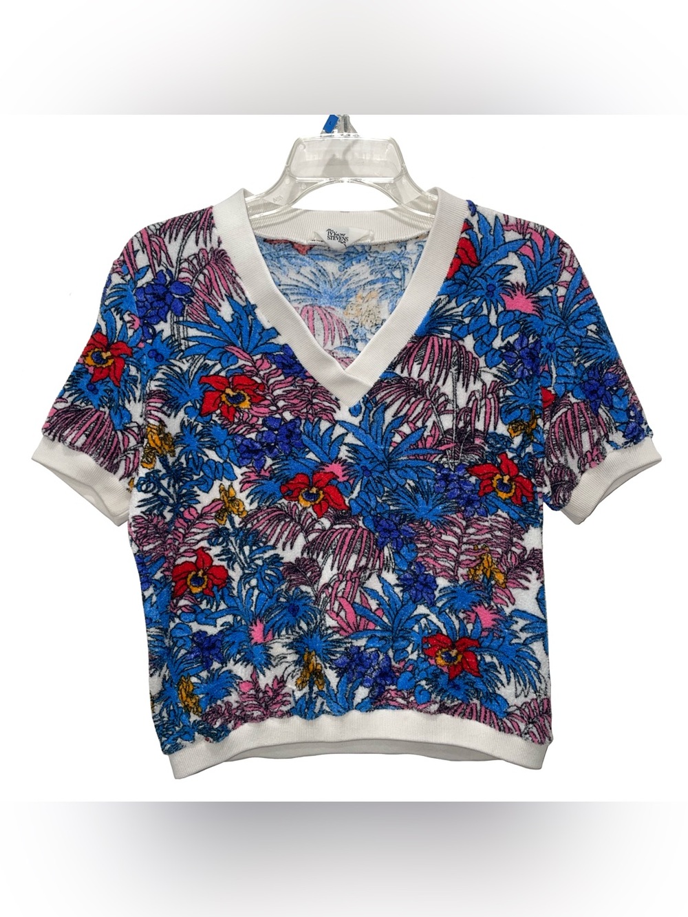VTG Ivy Stevens Floral Tropical V-Neck Top Stretch Hawaiian Travel Trip Sz SM
